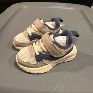 Tan and Blue Sneakers with Velcro Strap and Cushioned Sole